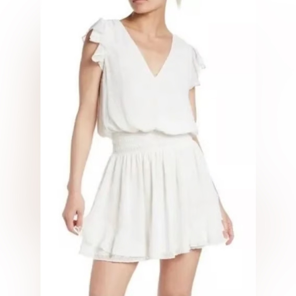 NWT Ramy Brook Simona Swiss Dot Silver Lurex Flutter Sleeve‎ Dress in White - L